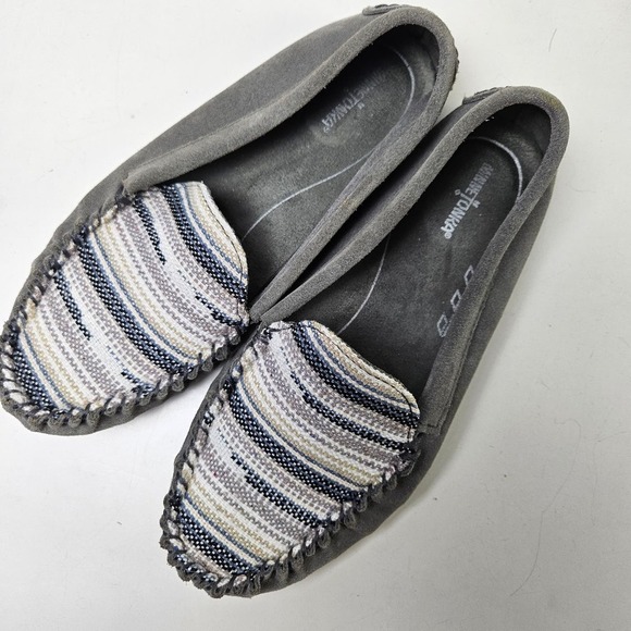 Minnetonka Sophia Suede Leather Boho Slip On Shoes‎ Moccasins Women's 7 Grey - Picture 2 of 10